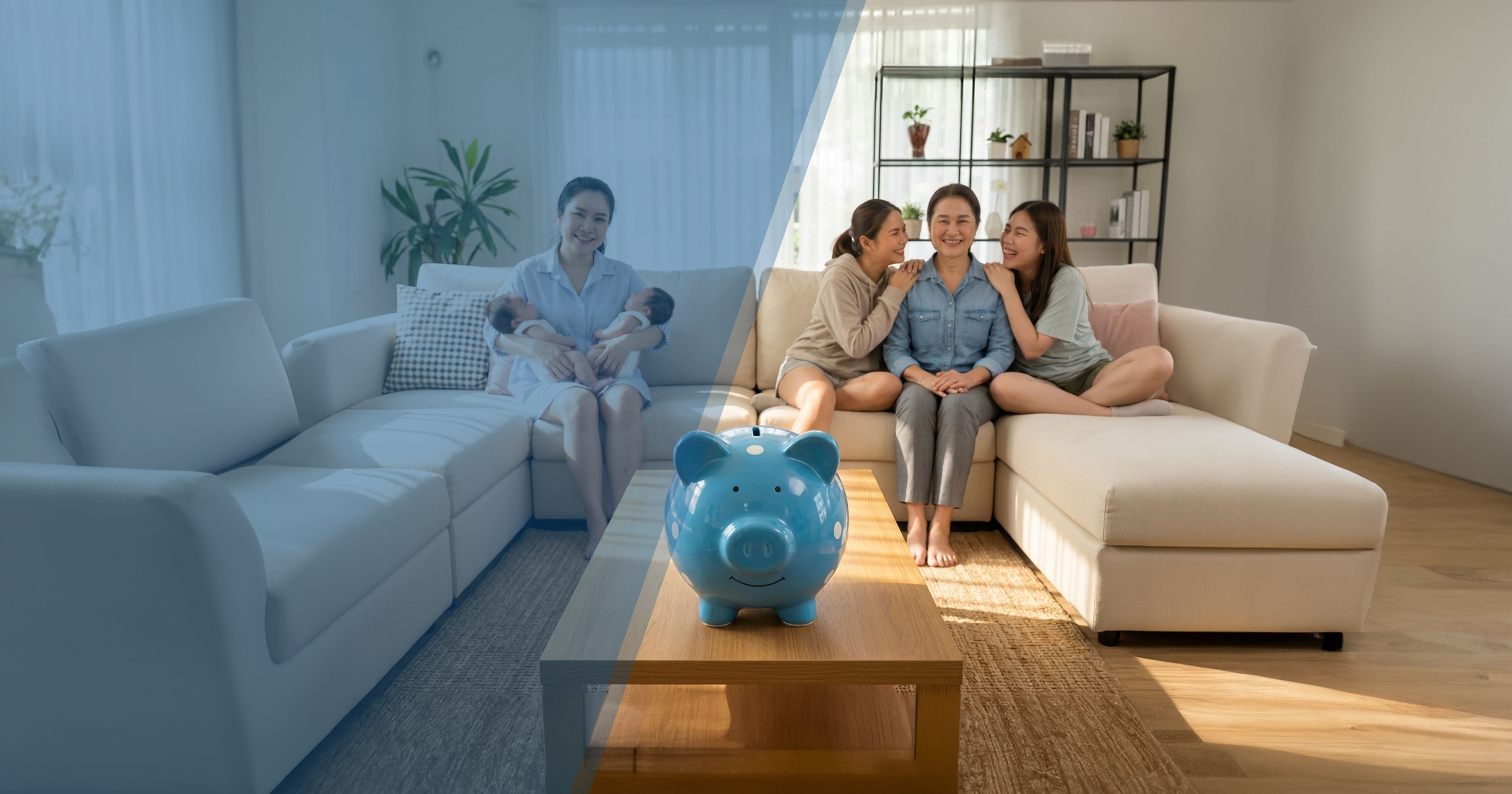split image showing mom with two twin babies, and older mom with two twin teenagers sitting on couch