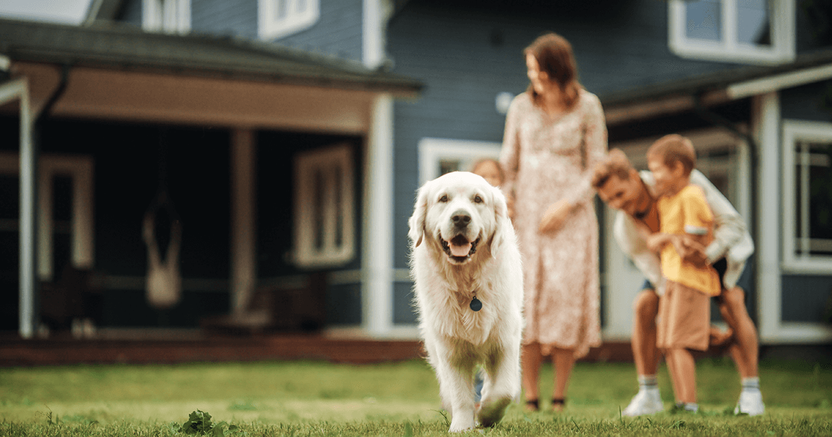 family with dog in their home