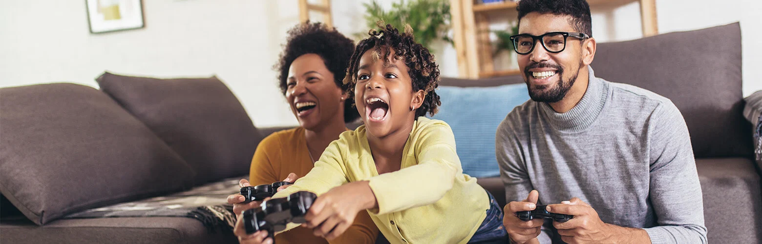 happy family playing in home
