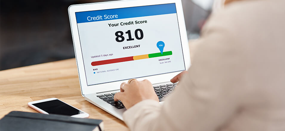 woman checking her credit score on laptop