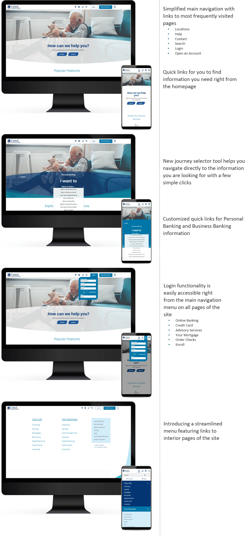 Screenshots of new homepage, new selector tool, login box and new simplified menu