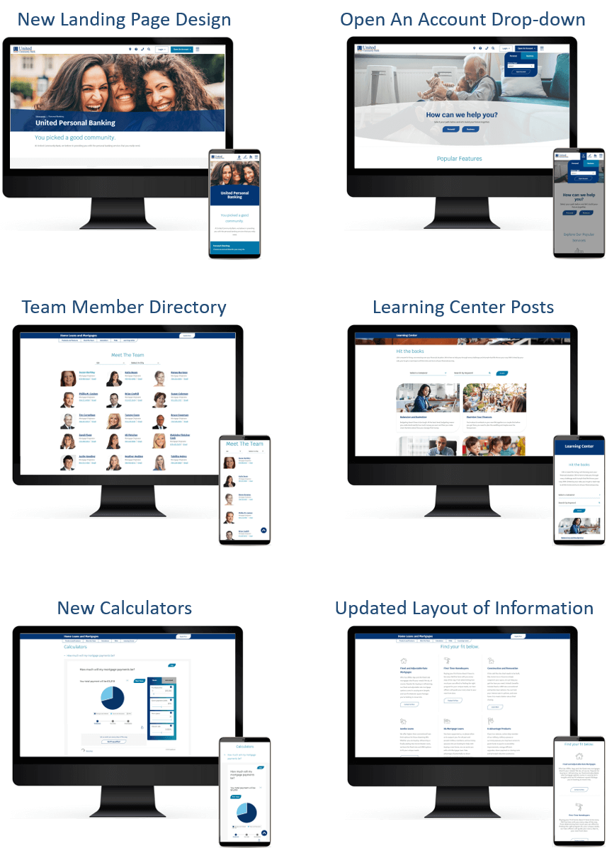 Screenshots of new landing page design, open an account drop-down, team members directory, learning center, new calculators and updated information layout