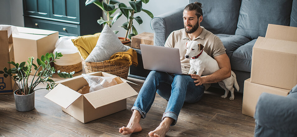 man with dog researching mortgage rates on his laptop