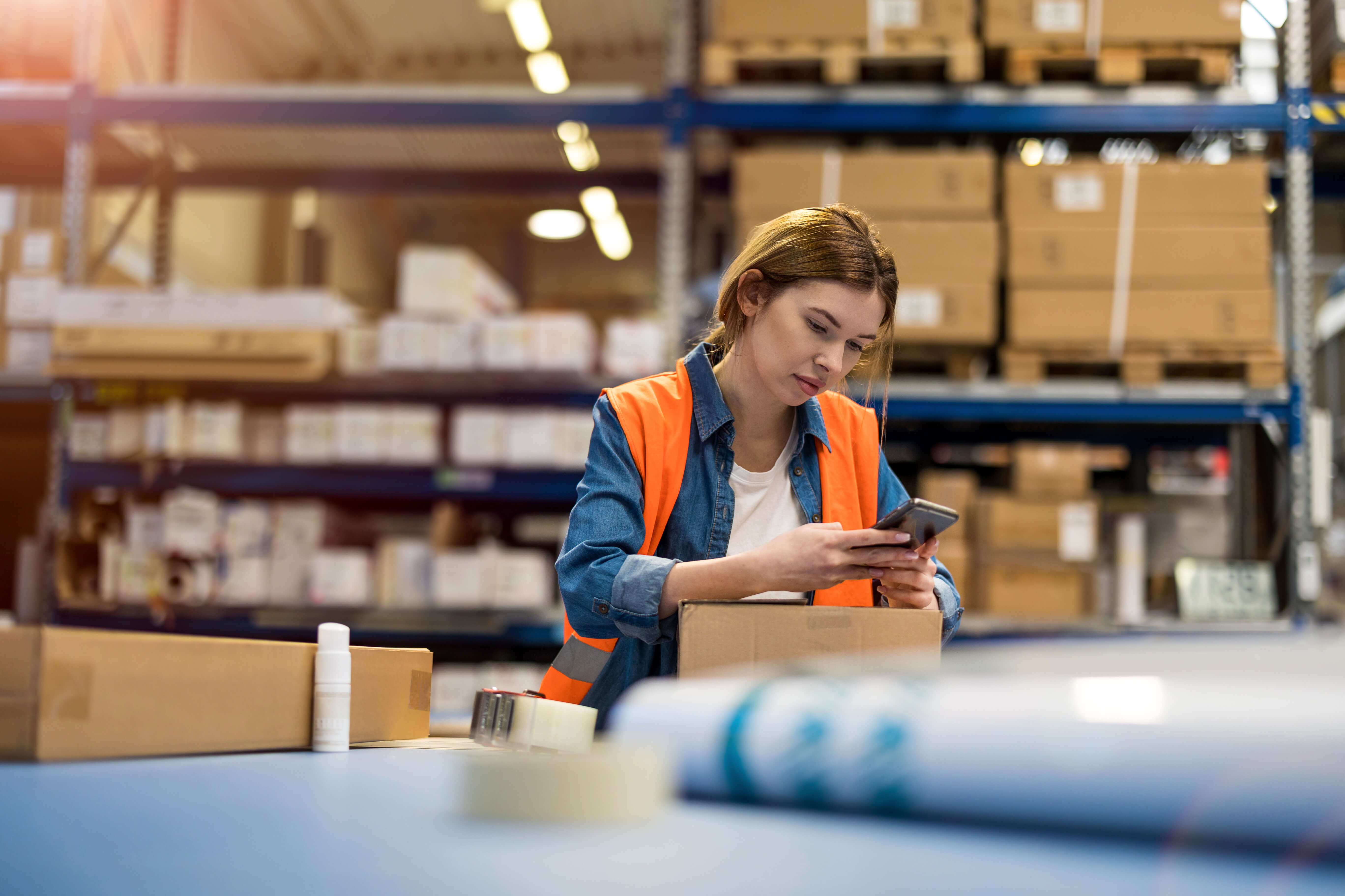 Warehouse worker wearing safety vest and looking at mobile device